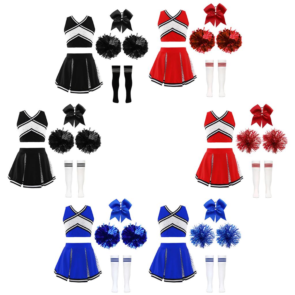 Girl Cosplay Cheerleader Costume Cheerleading Uniform Outfit Sequins Crop Top Skirt with Socks School Girls Dancewear Sets