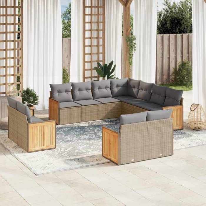 VidaXL Salon de Jardin avec Coussins 11 pcs, Canapés de Patio, Ensemble de Meubles, Mobilier de Terrasse Extérieur, Beige 3260582