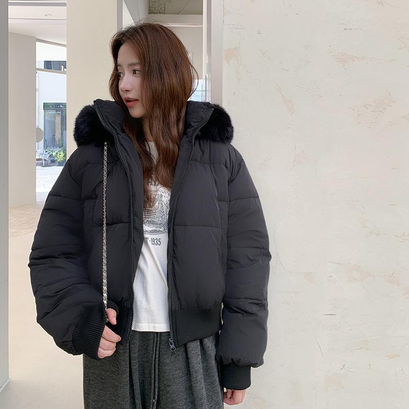 

Hooded fur collar down cotton clothes women s winter new thickened short cotton clothes bread clothes jacket S чёрный