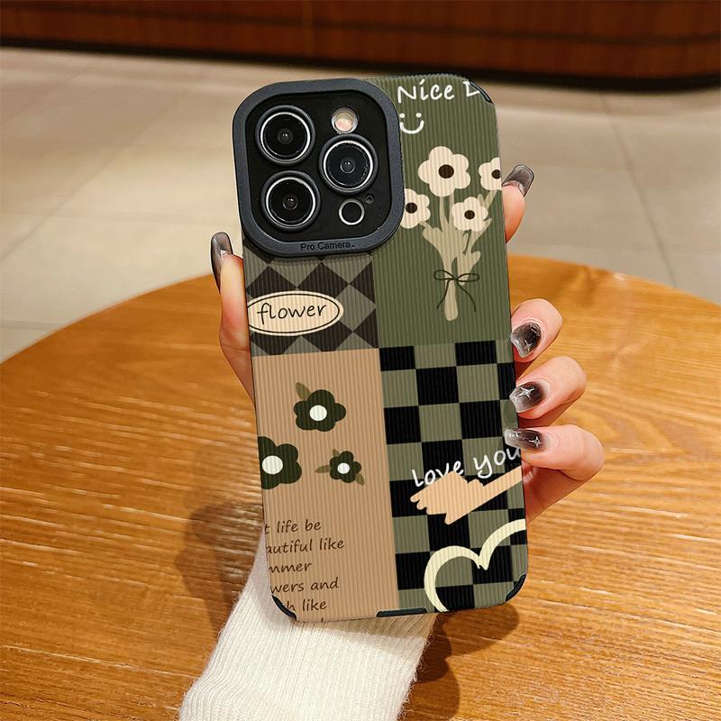 

Чехол из натуральной кожи с вертикальным зернистым узором, зеленый, с цветочным рисунком, противоударный, мягкий, силиконовый, с полной защитой объектива камеры для iPhone iPhone 13