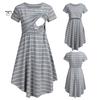 Summer Mother Breastfeeding Dress Openable Front Striped Round Neck Irregular Hem Short Sleeve Pregnant Women Nightdress Midi Dress