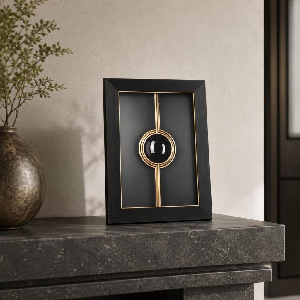 Rectangular Frame Ornament Layered Frame Ornament with Circular Motif Black and Gold Trim Decorative Accent for Mantel or Desk