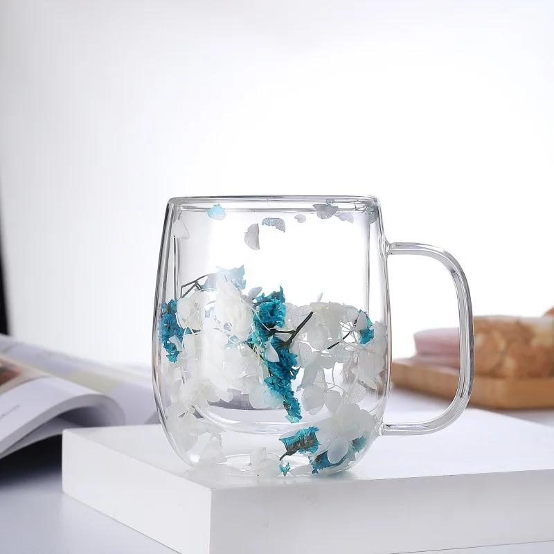 250ml / 350ml Double Wall Glass Cup Dry Flowers Insulated Flowers Espresso Cup Coffee Mugs Dual Layered Glass Cups Dried Flowers