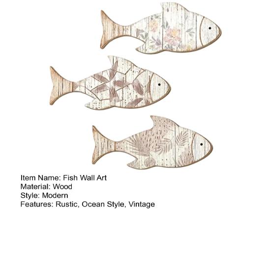 3 Pcs Wood Fish Nautical Wall Decor, Vintage Beach Coastal Theme Fish Wall Art, Rustic Farmhouse Hanging Sculpture for Lake House, Bathroom