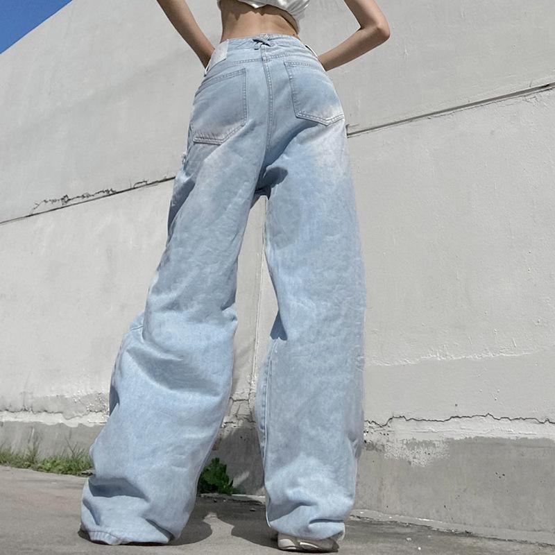 Vintage Design Sense Street Personality Solid Color Holes Casual Loose Straight Pants Low Waist Hot Girls Jeans Stitching Skinny Cool Girls Jeans