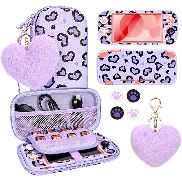 DLseego Love Leopard Carrying Case for Switch Lite 2019 Accessories Set, Portable Carrying Case with 1 Hard PC Case & 8 Slots & 1PCS Plush Heart фиолетовый