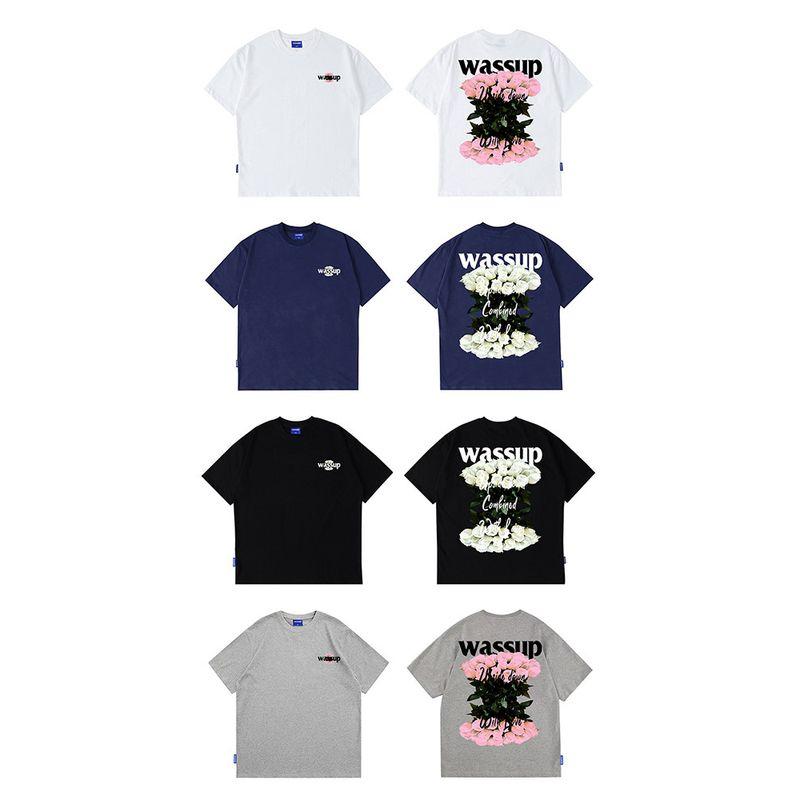 Wassup Rose Letter American Style Short-Sleeve T-Shirt for Men, Summer 24 New Heavyweight Street Couple T-Shirt Top