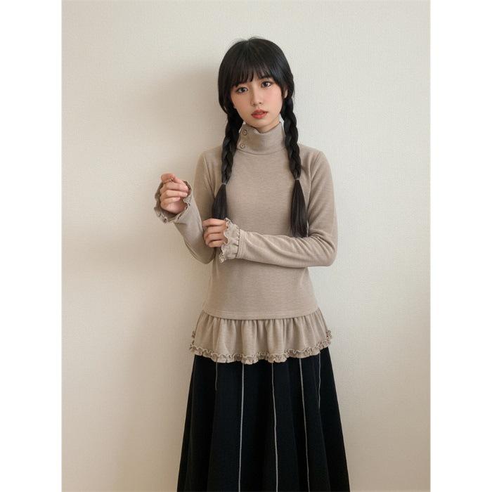

De Róng Women s Korean Style High Neck Lace Base Layer Top, Sweet Age-Reducing Design for Autumn/Winter, Long Sleeve, In Stock Small верблюд