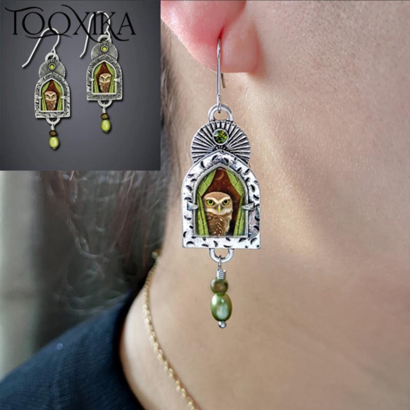 

Tooxika Palace Retro Мудрые старые серьги в виде совы Оливково-зеленые бриллиантовые серьги с жемчугом