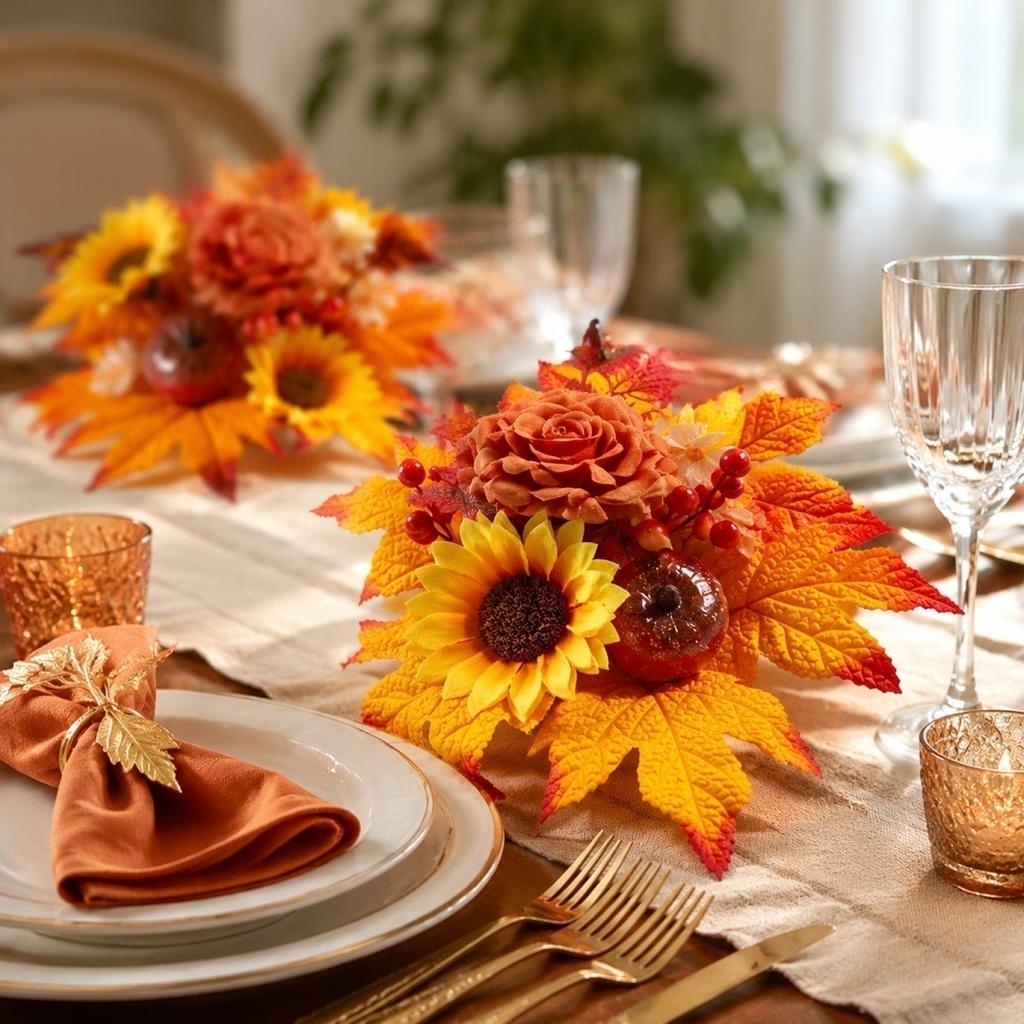 2 Piece Artificial Pumpkin Sunflower Maple Leaf Floral Arrangement for Autumn Thanksgiving Table Centerpiece Display Decoration