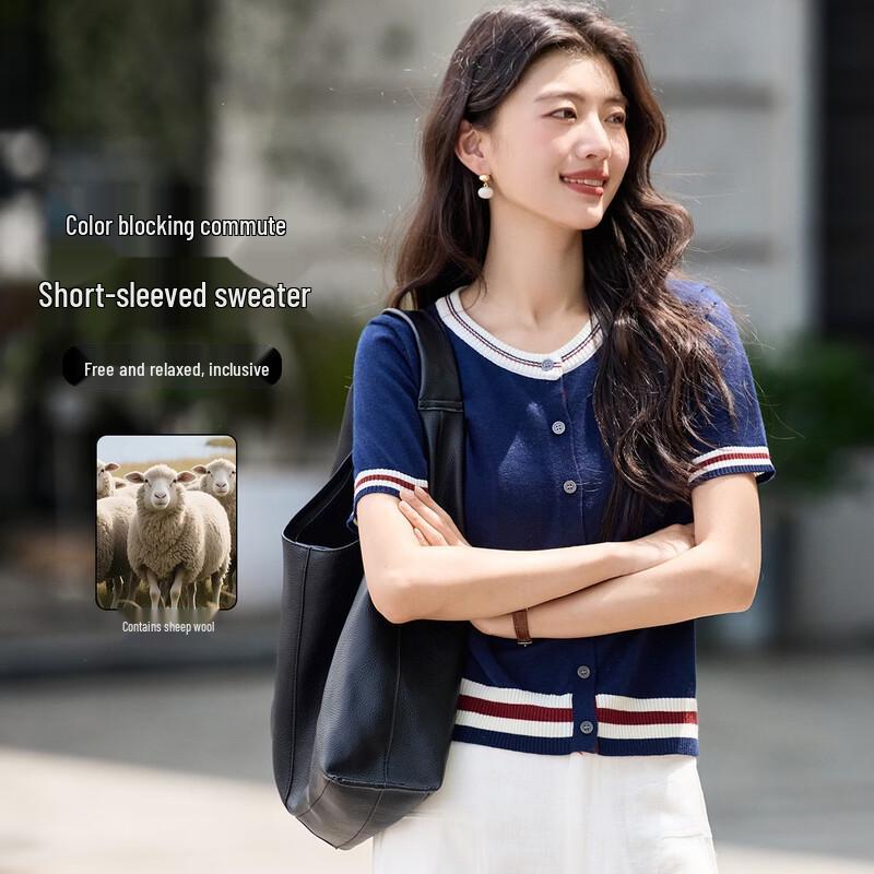 Demana Women s Summer Lightweight Striped V-Neck Knit T-Shirt with Wool M сапфир синий