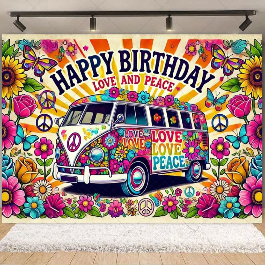 Stile Bohémien Colorato Hippie Bus Tema Sfondo per Compleanno Pace E Amore Decorazioni per Feste Stampa Tie Dye Sfondo in Vinile Regali