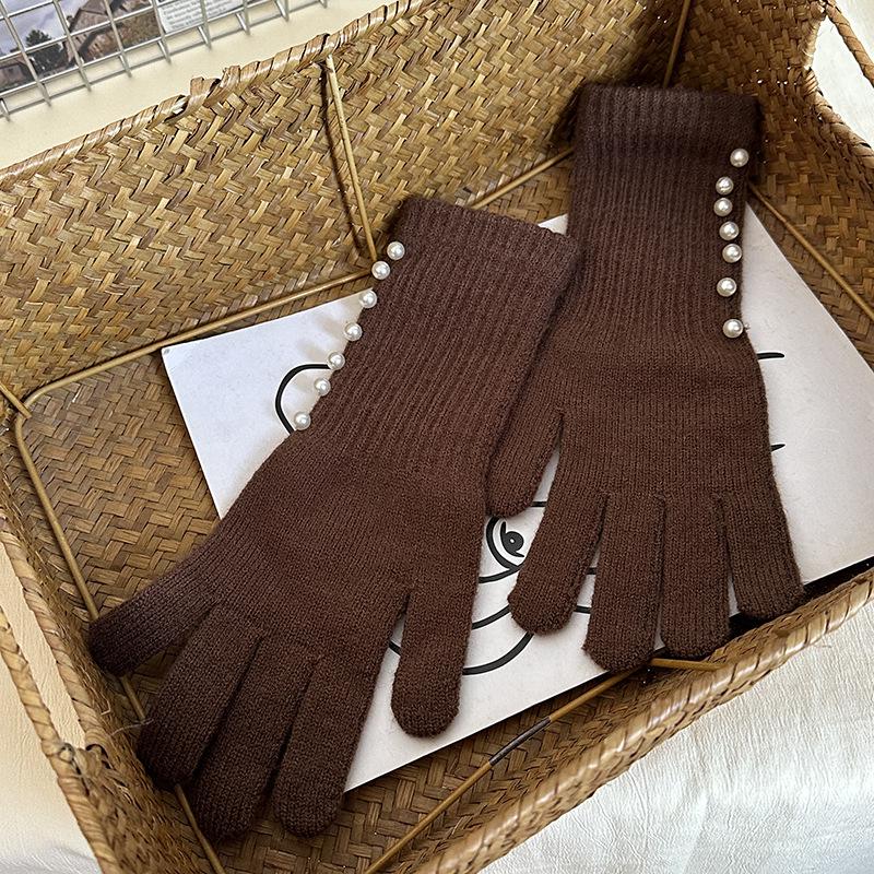 Korean Style Autumn/Winter Pearl Fingerless Touchscreen Wool Gloves for Women