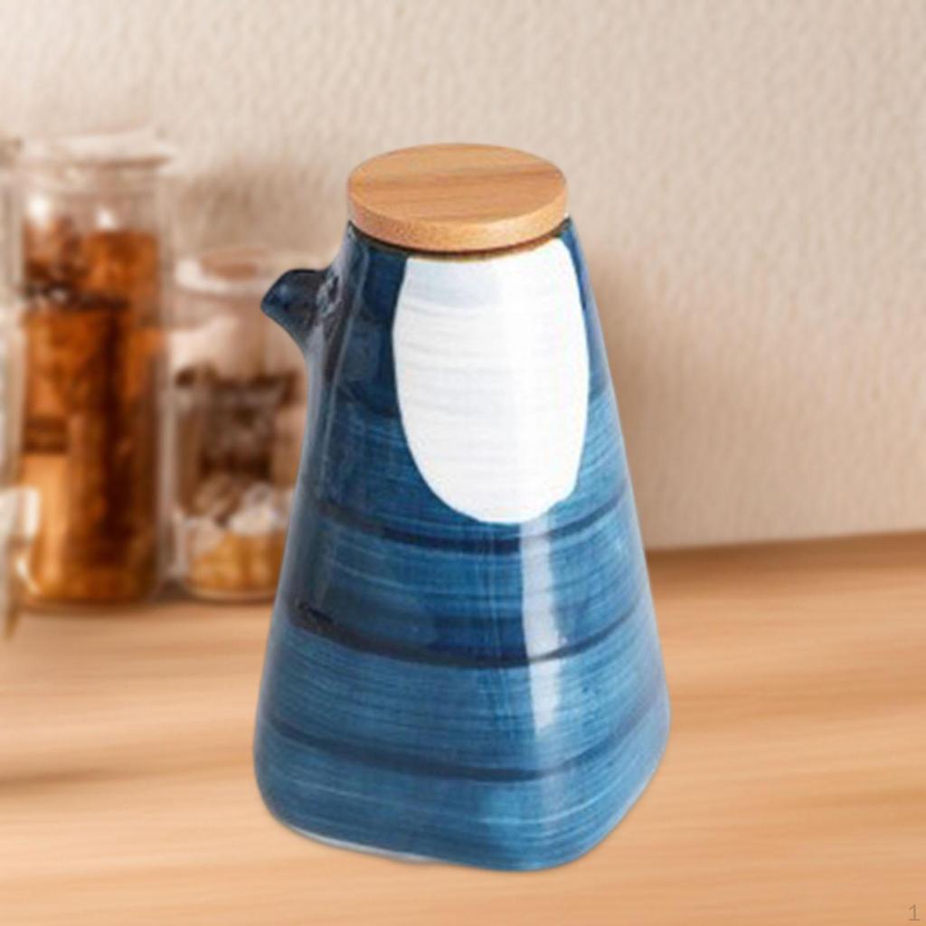 Ceramic Oil Dispenser Bottle for Home Kitchen Restaurant 220ml Chinese Pourer Cruet with Wooden Lid