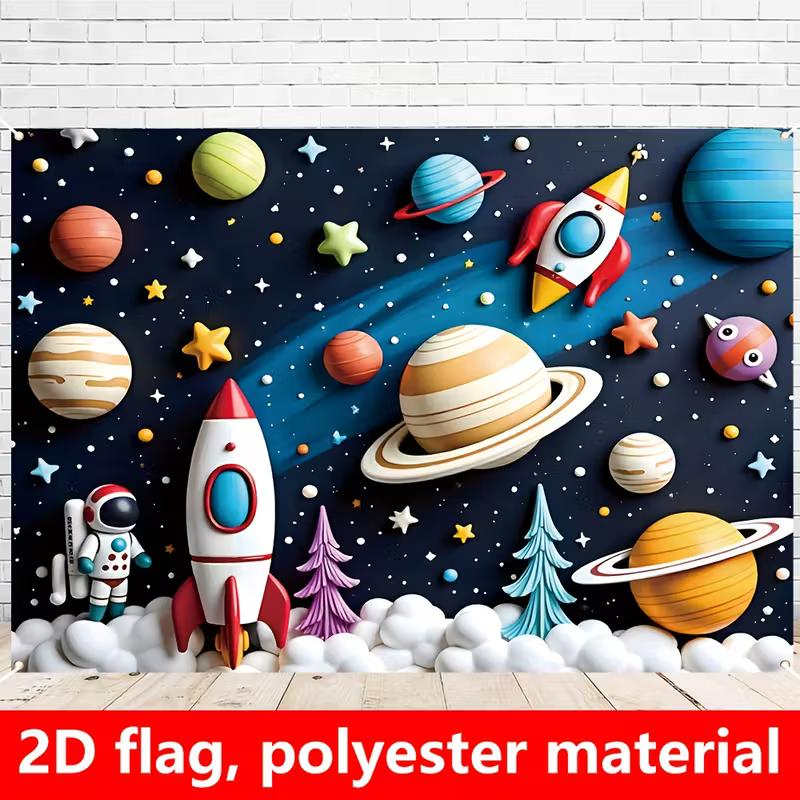 Cartoon Space Tapestry, Planets & Rockets Background Cloth, Kids Room Decor