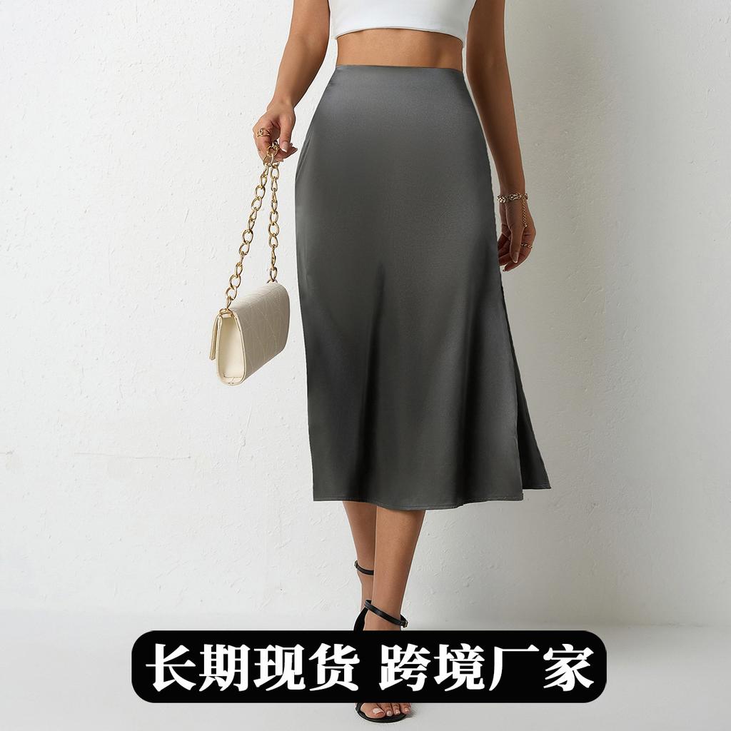 Damen Hoher Bund Satin Schlitz Saum A-Linie Midi Rock