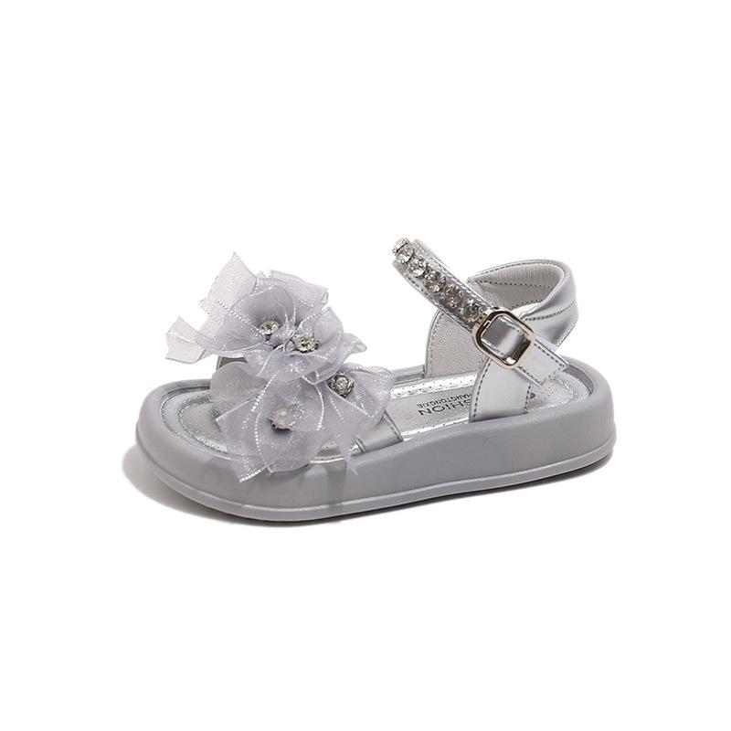Girls Sandals Lace Flowers Shiny Crystal Kids Beach Shoes Open Toes 2025 Summer New Children Princess Shoes Soft Comfortable