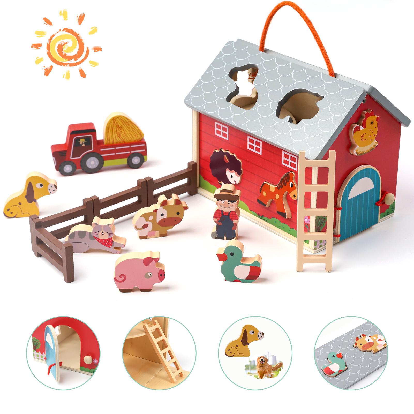 

Wooden Farm Toys for 2 3 Year Old, Farm Animals for Toddlers 1 - 3 with Big Barn and Tractor, Sorting Stacking Learning Toys for