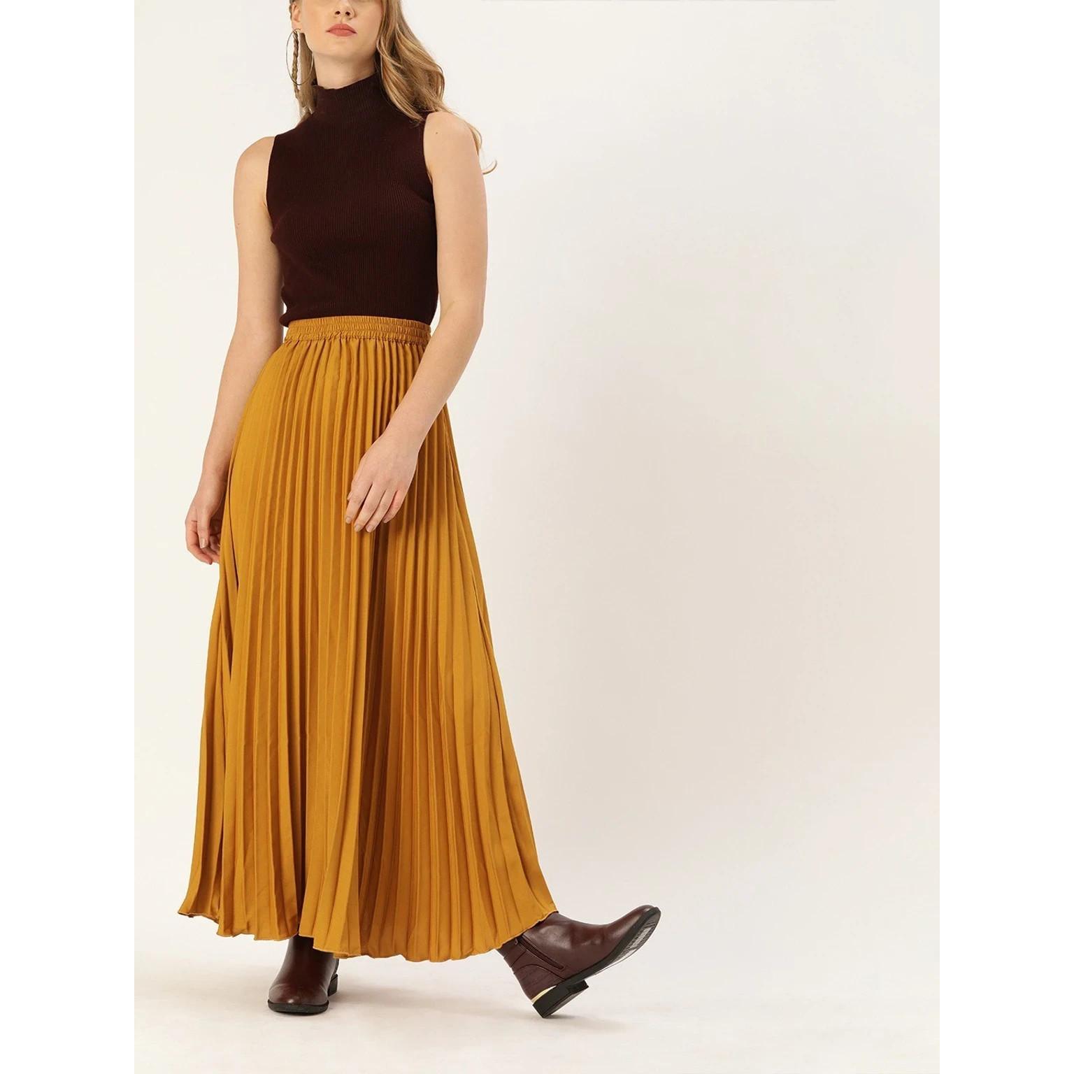 Women s Solid Pleated Mustard Skirt Indian Bollywood Party Wear Long Skirt Dress 28