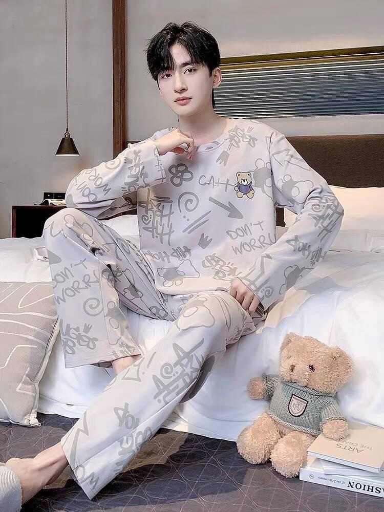 Set de pijama de desene animate pentru bărbați mărime plus: Mânecă lungă, Subțire, pentru Primăvară, Toamnă și Iarnă - Haine de casă pentru Adolescenți și Studenți.