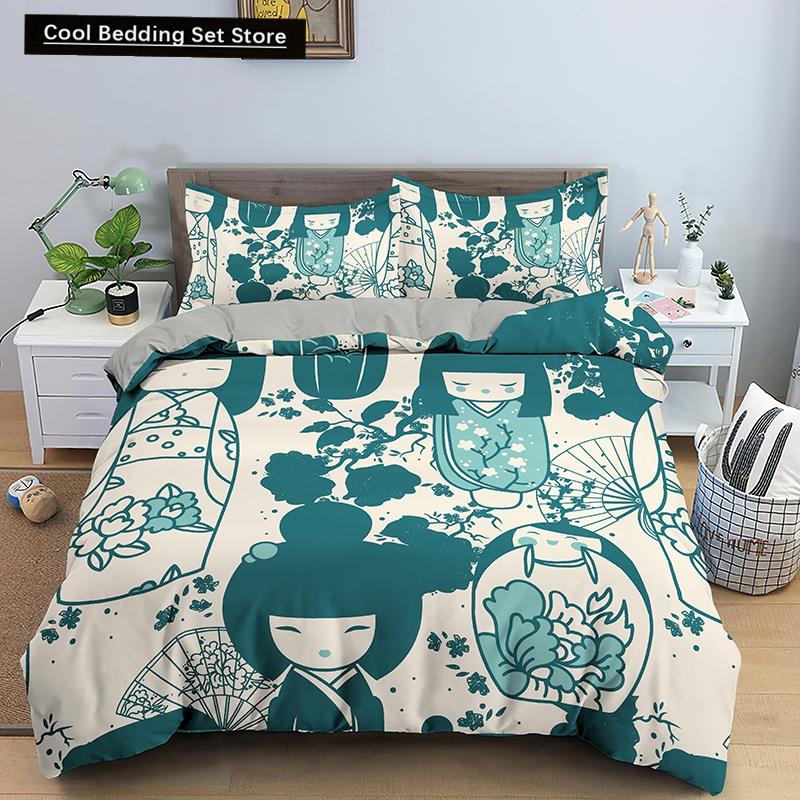 Bettbezug mit japanischer Puppe, bedruckt, King-Queen-Bett, Cartoon-Glückskatze, Bettwäscheset für Kinder und Mädchen, Fan, weiß, 2/3-teilig, Polyester-Bettbezug