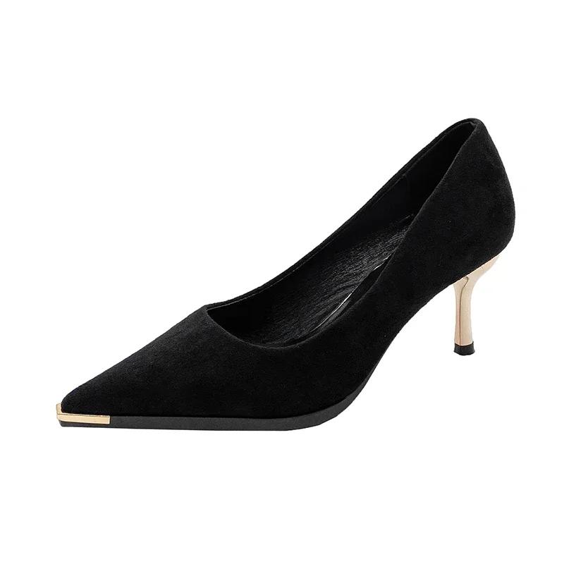 Ladies Elegant High Heels Metal Toe Pointed Tip Shallow Mouth Black Heels Suede Spring Autumn Leisure Versatile Womens Shoes