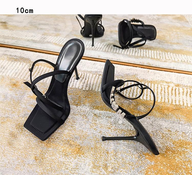 

One-word high heels, thin heels 2025 new black sexy and thin open-toed square head letter sandals women s summer height increase 34