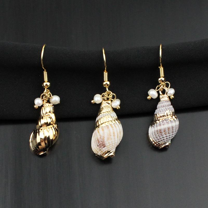 

Gold Conch Seashell & Freshwater Pearl Dangle Earrings for Summer Vacation