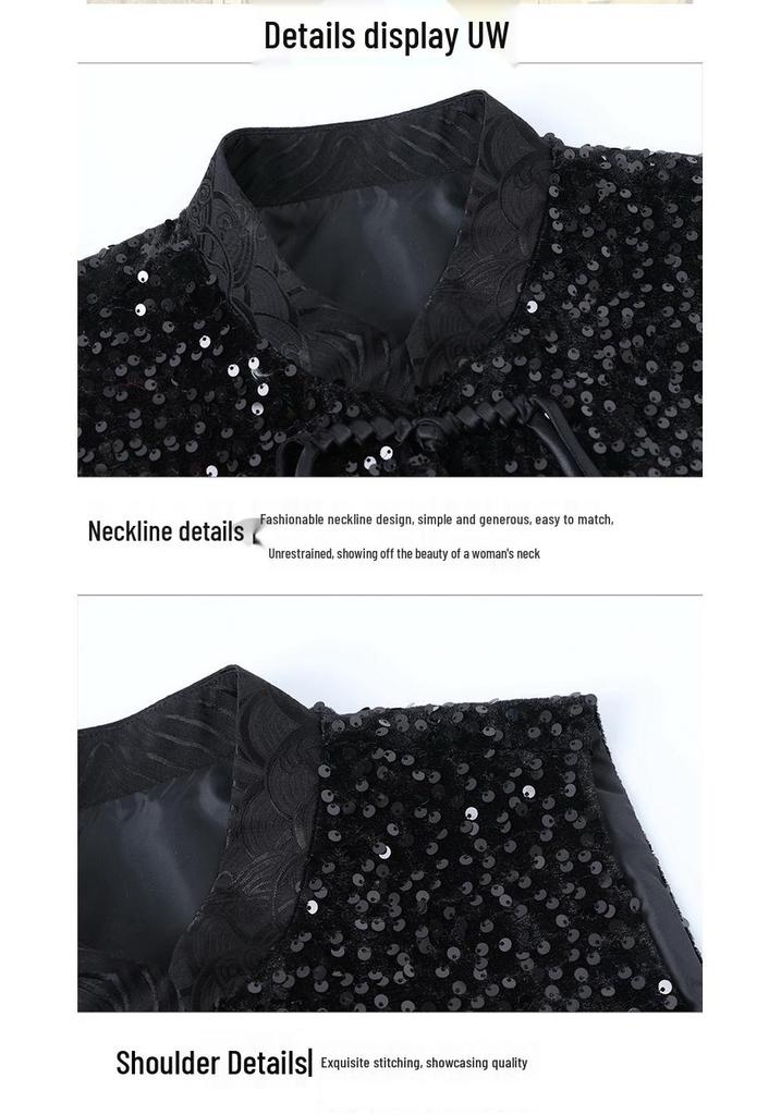 Retro Chinese Style Sequin Velvet Waistcoat with Frog Button