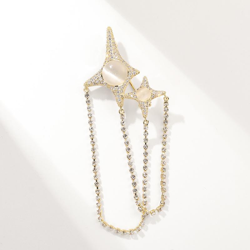 Bo Xin Yun Korean Star Brooch with Zircon Cat s Eye Flower  Tassel Chain Pin