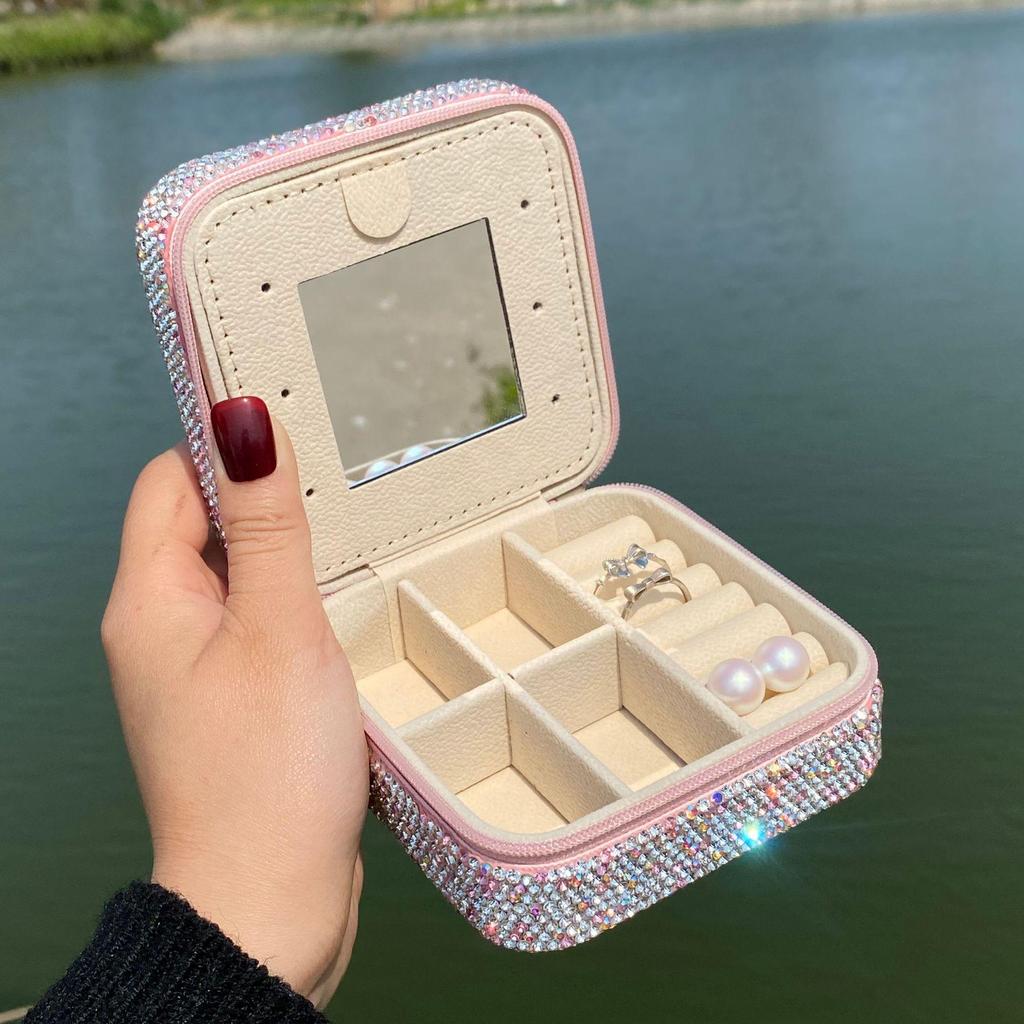 Diamond Jewelry Box with Mirror: Portable Storage for Rings, Earrings, and Necklaces