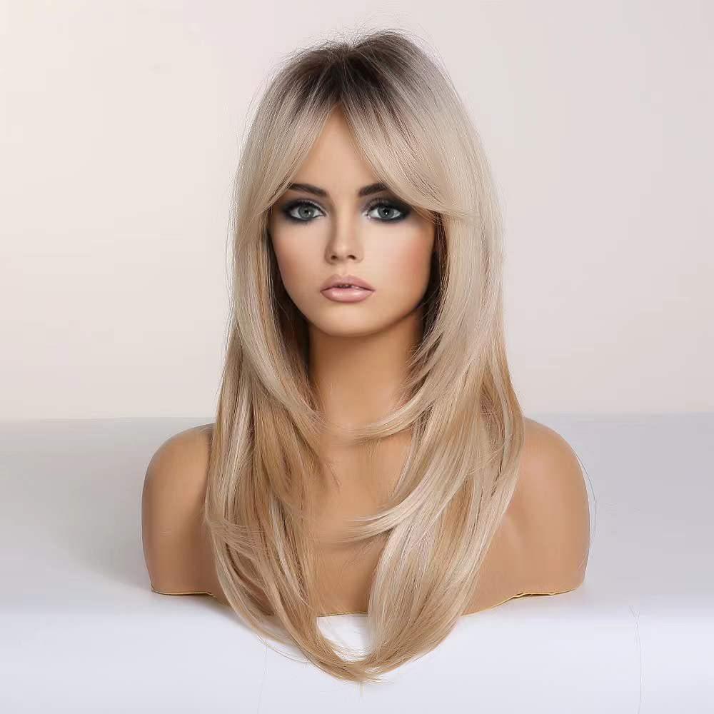 

Длинные прямые синтетические парики Ombre Brown Blonde с челкой для косплея для женщин, натуральные искусственные волосы высокой температуры