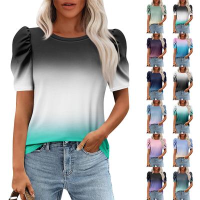 Women Casual Puff Short Sleeve Tops Fashion Round Neck Print Tunic Shirts Summer Clothes