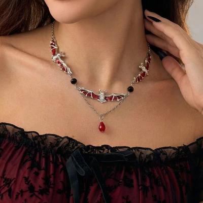 Vintage Gothic Enamel Bat Layered Necklace For Women Red Wing Bat Teardrop Pendant Choker Halloween Party Costume Neck Jewelry