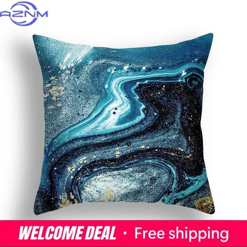 Blue Marble Cushion Cover 45X45Cm Sea Rock Pattern Sofa Pillow Square Abstract Leaf