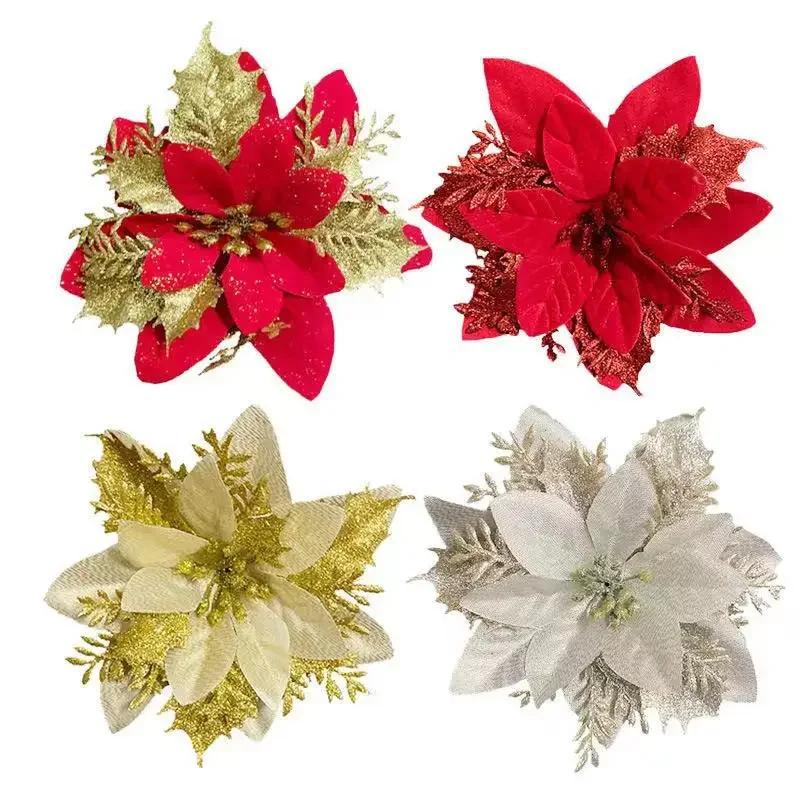5pcs 14cm Glitter Artificial Christmas Flowers Xmas Tree Ornaments Merry Christmas Decorations for Home New Year Gift