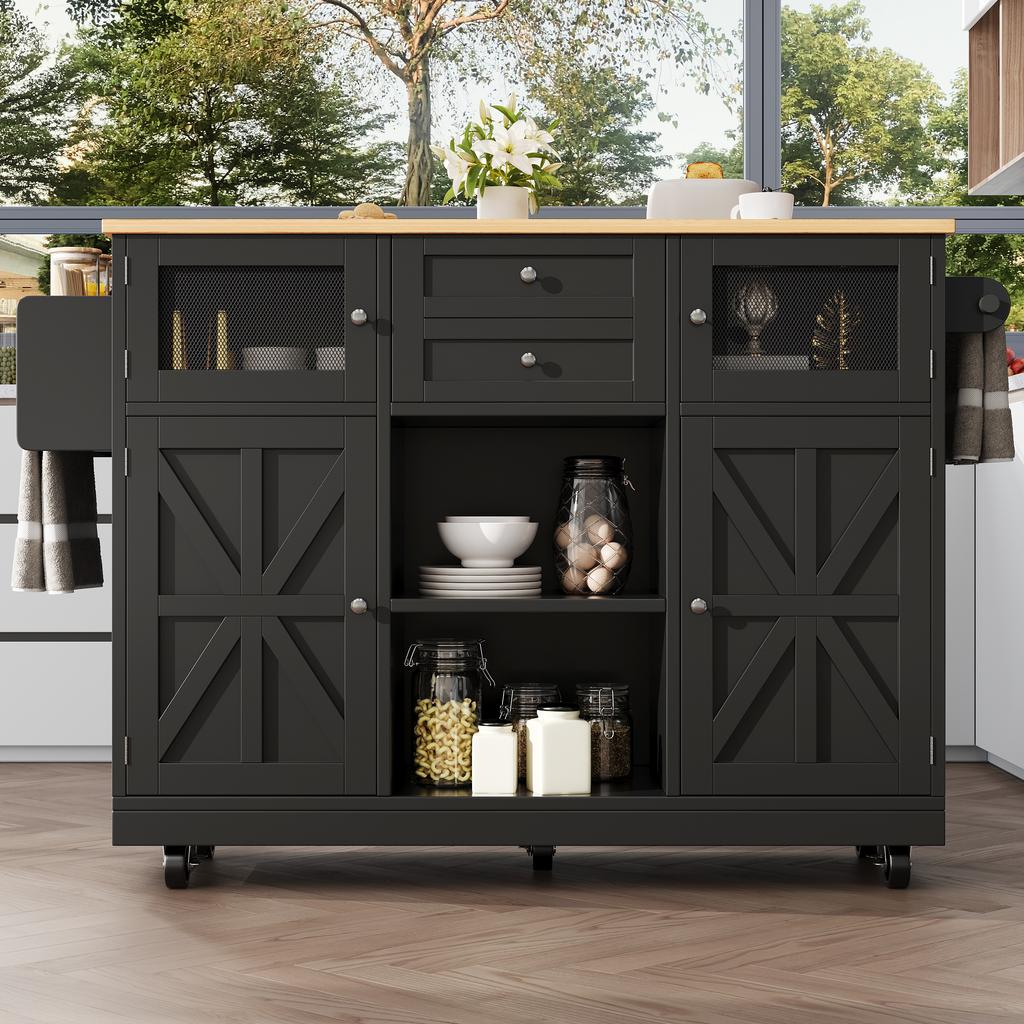 Isola cucina, carrello da pranzo con piano di lavoro, credenza, venature del legno, portasciugamani laterale, ante con rotelle, divisori regolabili, nero