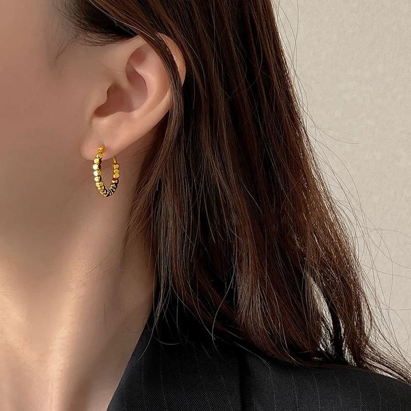 Vietnamese Gold Small Sugar Cube Crushed Earrings: Trendy Circle & Square Stud and Hoop Design