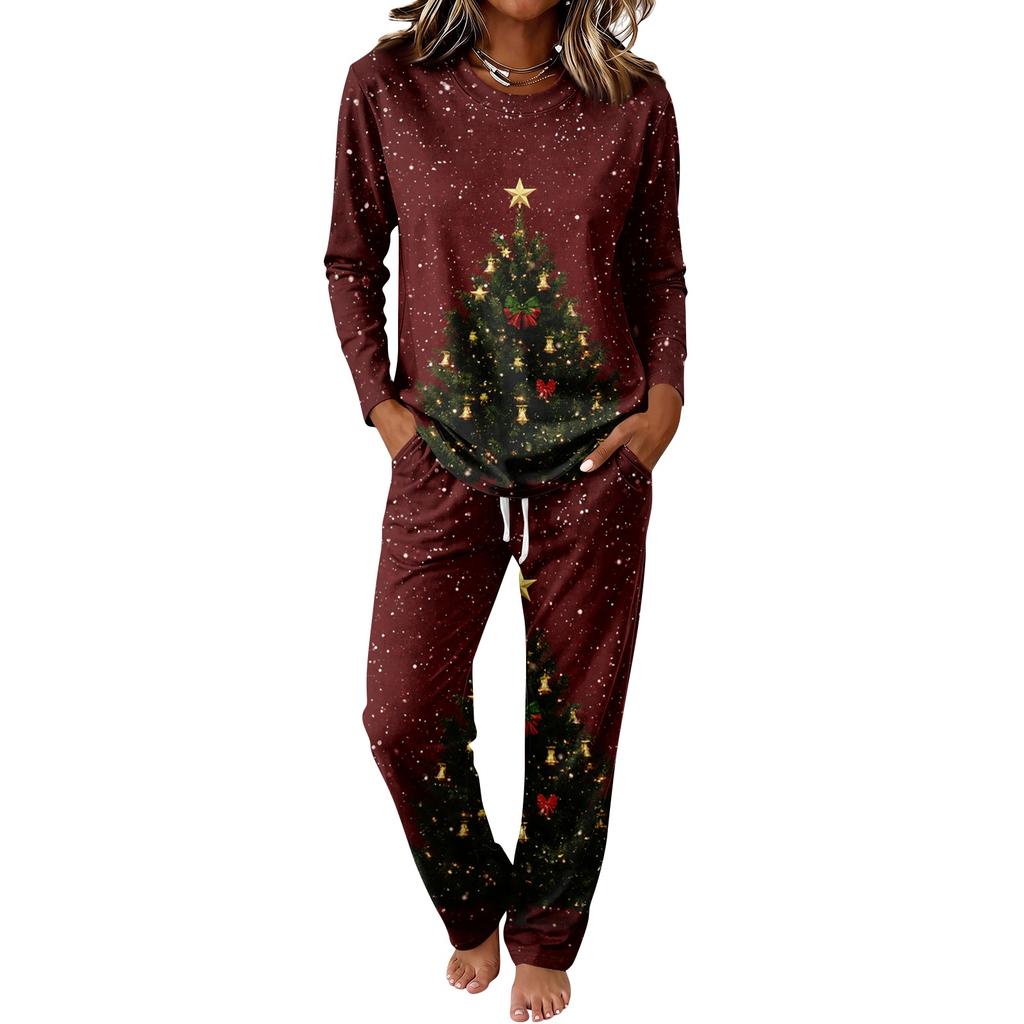 Kadın Günlük Yuvarlak Yaka Uzun Kollu ve Geniş Bacak Pantolonlu Pijama Takımı