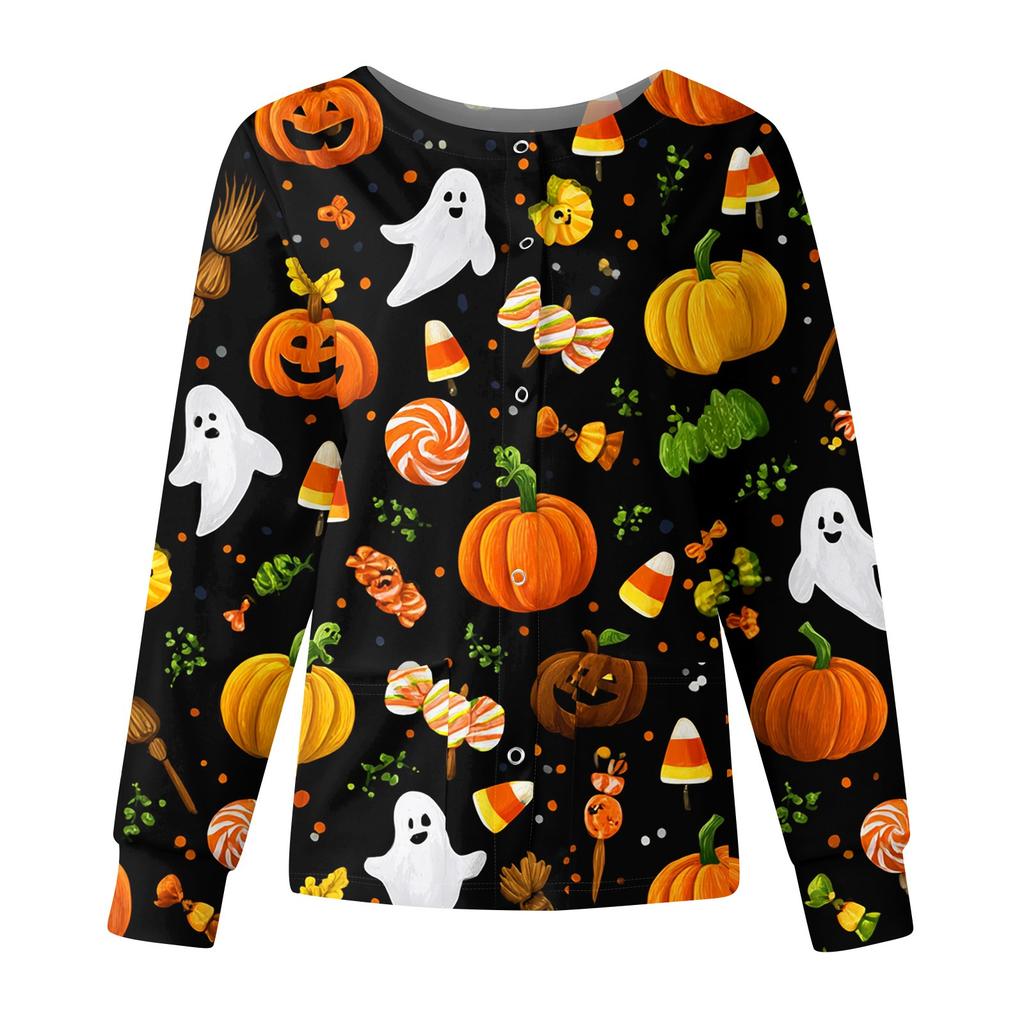 Women's Casual Fashion Long Sleeve Standing Collar Single Breasted Halloween Printed Workwear Jacket Tops
