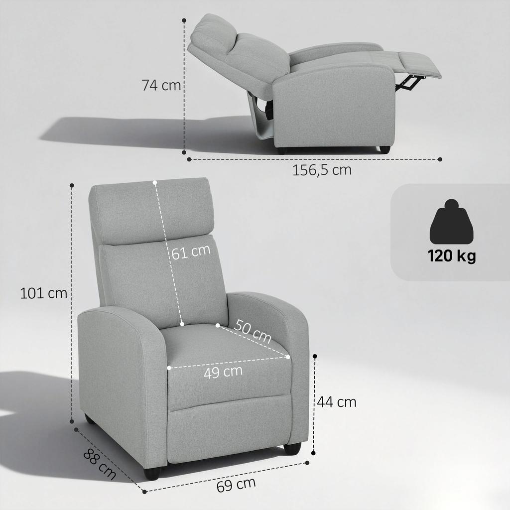 Recliner Chair, Adjustable 135 degrees, Extendable Footrest, Padded Armrests, Linen-Polyester, Light Grey