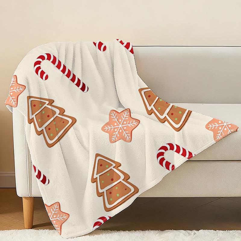 Soft Flannel Fleece Christmas Blanket – Cozy Gingerbread Man, Candy Cane, Snowflake Print, All Season Warm Throw for Home & Office, Festive Vibe