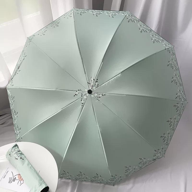 Ten-Bone Large Double Umbrella Small Fresh Sun Umbrella Vinyl Sun Protective Sun Shade Rain Dual-Use Triple Folding Umbrella Female Manual
