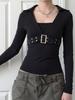European-American Street Style Metal Buckle Solid Long Sleeve Slimming T-shirt