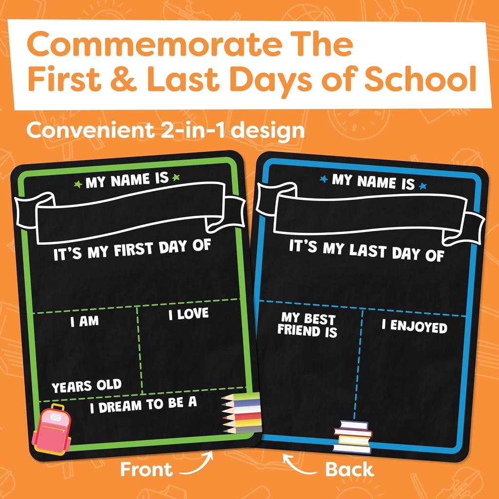 First Day of School Sign Board with Liquid Chalk Markers - 14”x11” Double-Sided & Reble - My First and Last Day - Back to School Supplies Board