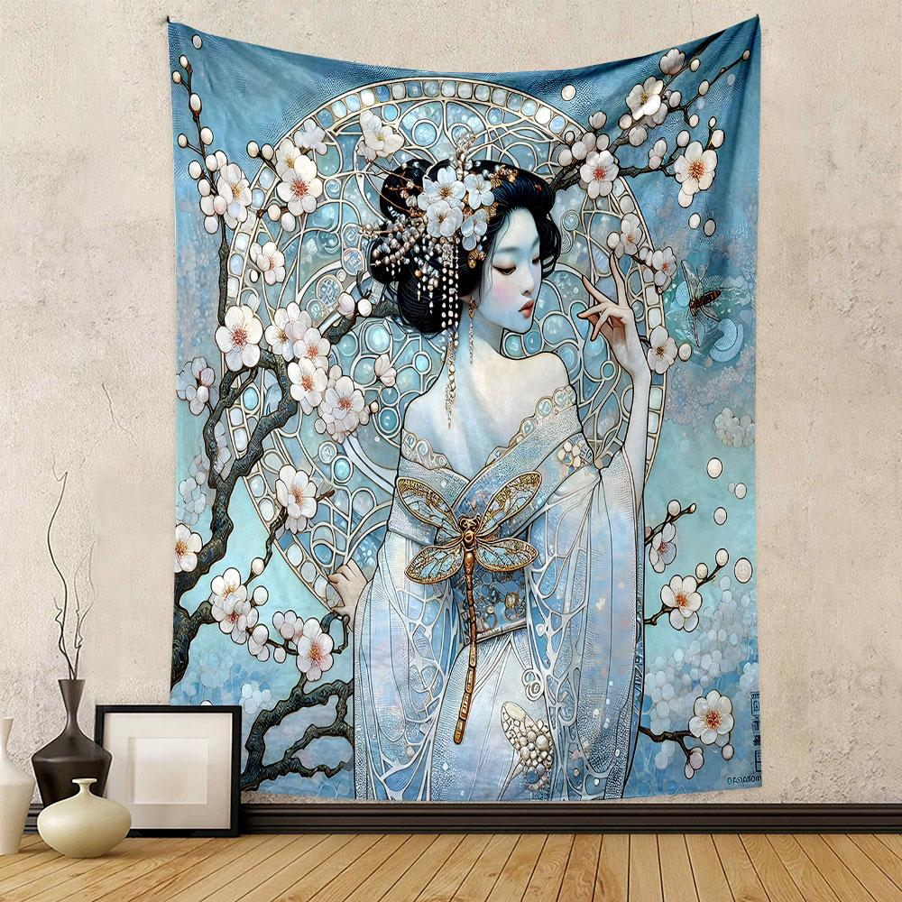 Elegant Lady with Blossoms and Dragonfly Patterned tapestry home decor, suitable for bedroom and living room, gift