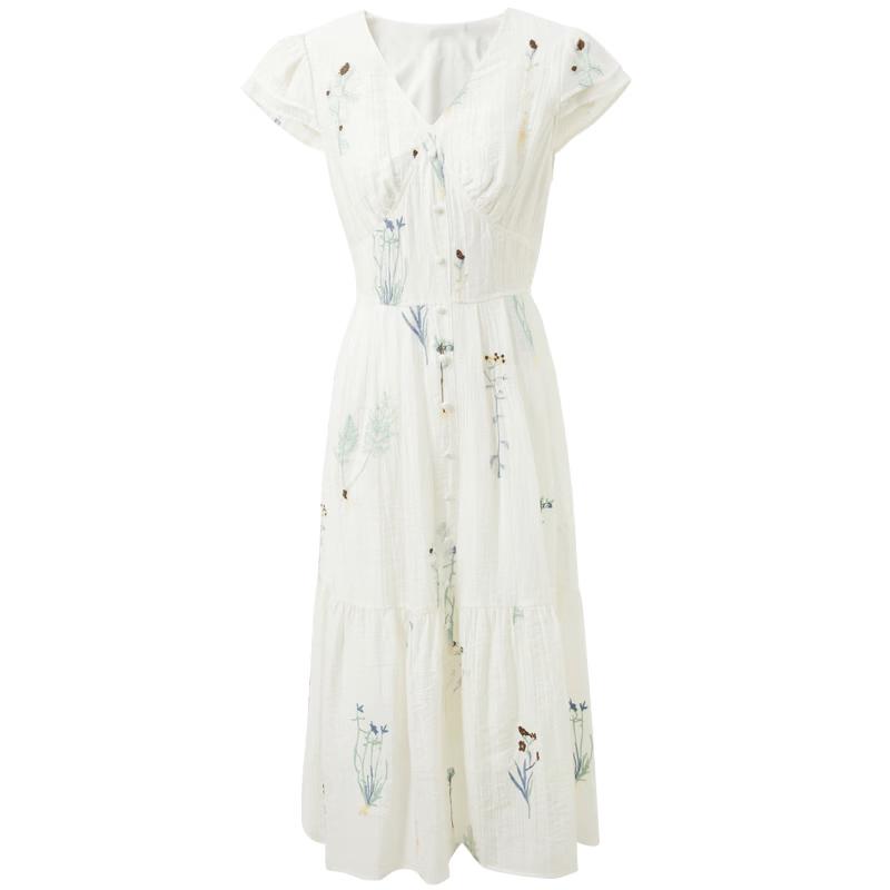 Sancai Summer French Romantic Embroidered V-Neck A-Line Maxi Dress