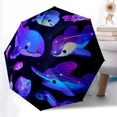 1pc Celestial Whales Cosmic Fishes Automatic Open/Close Umbrella 8-Rib Strong Frame, Portable Travel Umbrella for Women & Men, 071
