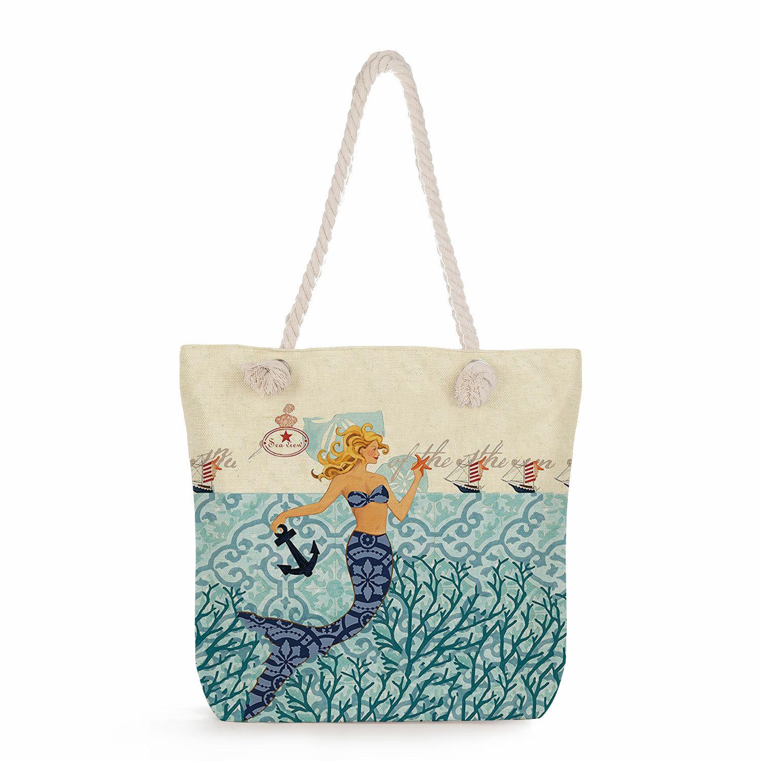 

Mermaid print thick rope single-shoulder beach bag 7292 CLE