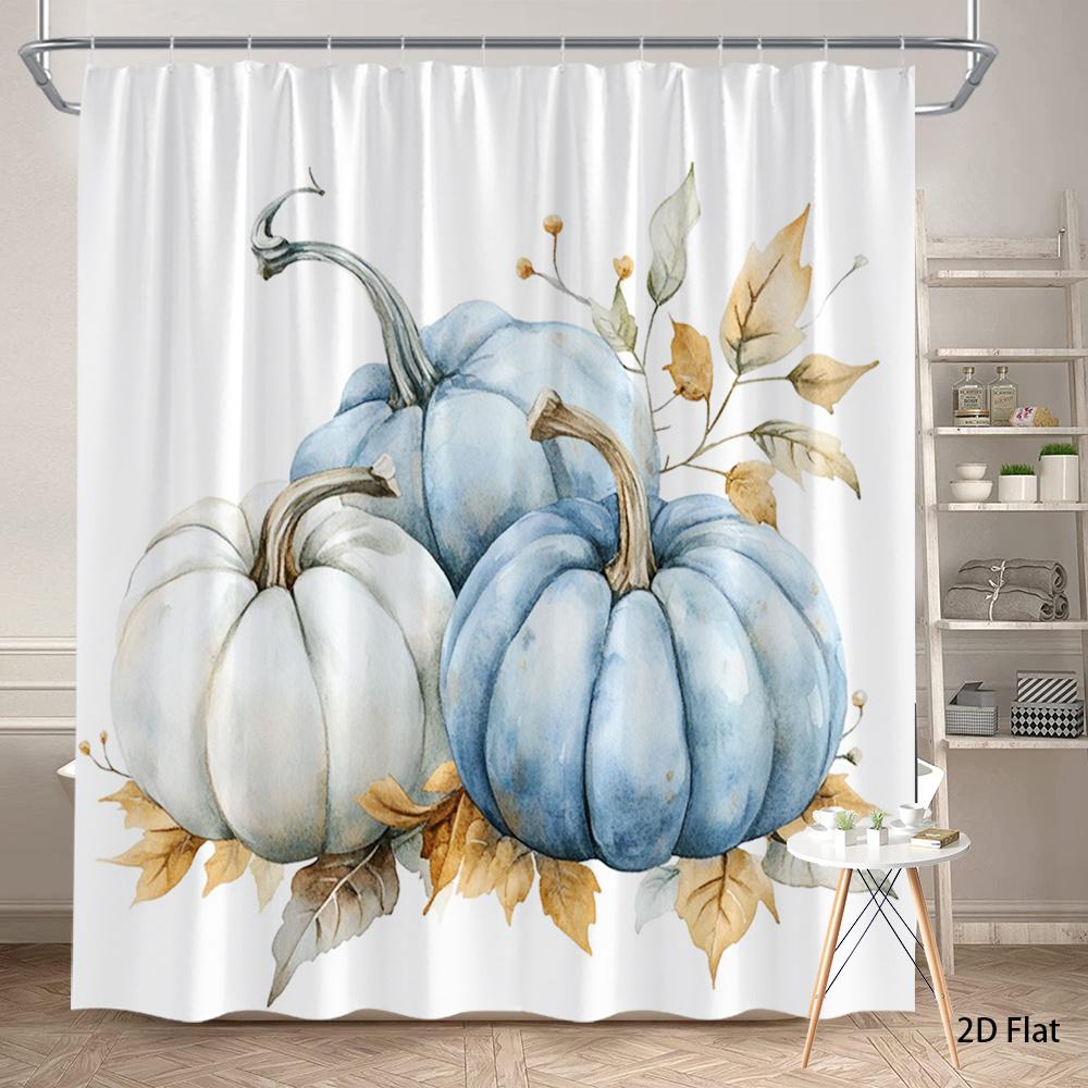 

1 Watercolor Blue And White Pumpkin And Autumn Leaves Shower Curtain, Polyester Fabric, Machine Washable, Suitable For Bathroom W60H190(CM)-1 Pcs